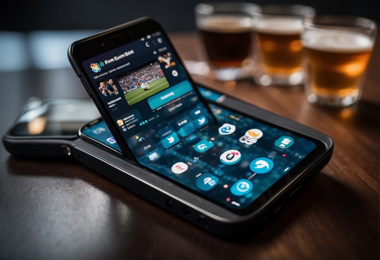 A smartphone displaying a sports content post with high engagement metrics, surrounded by social media icons and trending hashtags