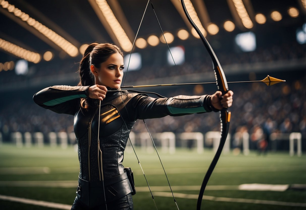An archer in a futuristic stadium aims at a target with advanced bows and arrows, surrounded by cheering spectators and high-tech equipment