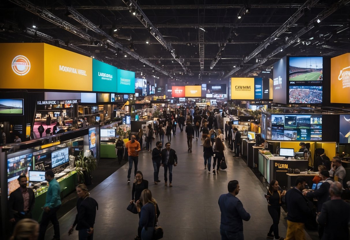 A bustling market with various sports technology companies vying for attention, showcasing their latest products and innovations. Brightly colored booths and interactive displays draw in potential customers, creating a vibrant and competitive atmosphere