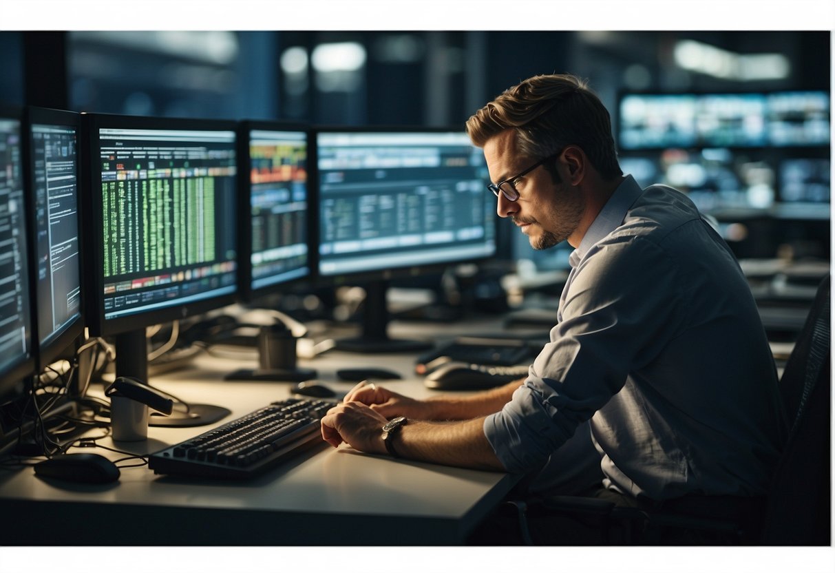A sports journalist sits at a desk surrounded by screens, typing furiously as they research and write about the ever-changing landscape of sports media