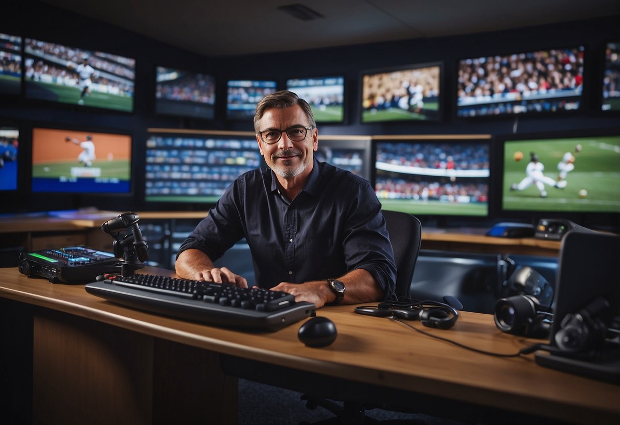 A sports journalist typing on a laptop with a microphone and recorder on the desk, surrounded by sports memorabilia and a wall of TV screens showing different sports events