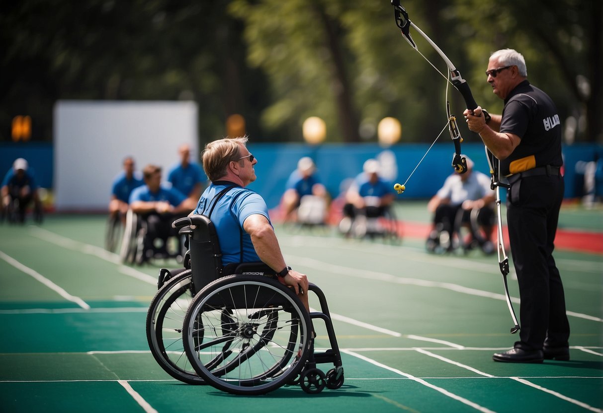 An archery competition with targets set at varying distances, athletes in wheelchairs, and officials monitoring the event