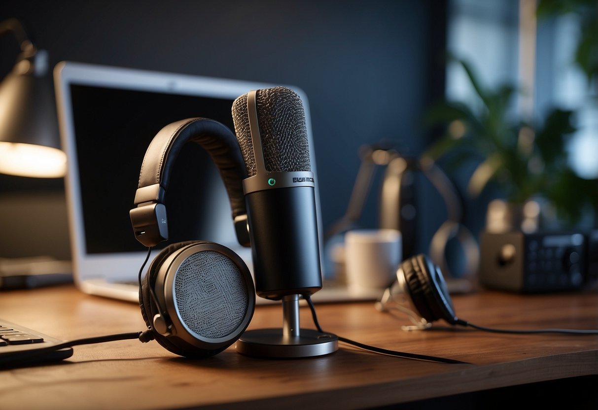 A microphone, headphones, and laptop on a desk, with a soundproofing panel on the wall