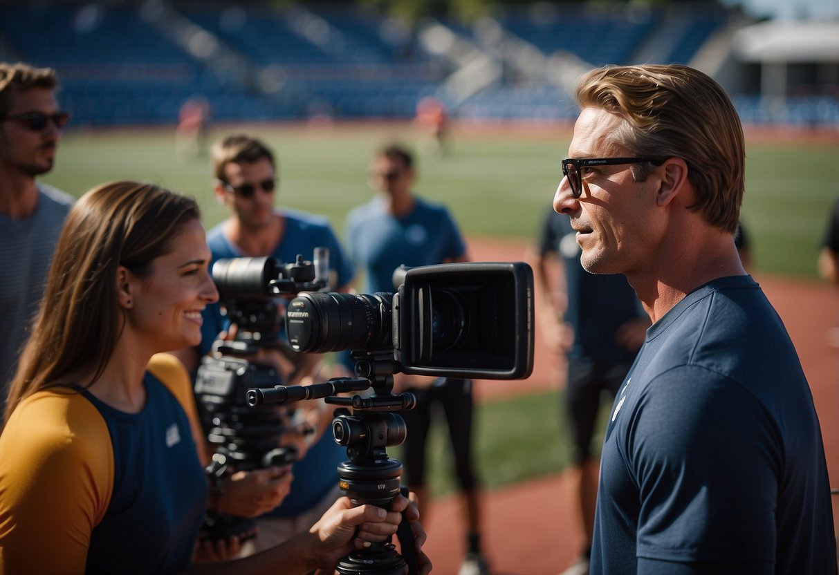 An athlete speaks confidently to a group of reporters, while a camera crew captures the moment. Social media logos are displayed in the background