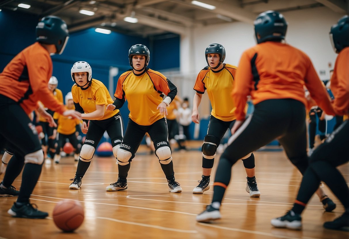 Players throw, block, and defend with a goalball on a marked court. Coaches give instructions and feedback during intense training sessions
