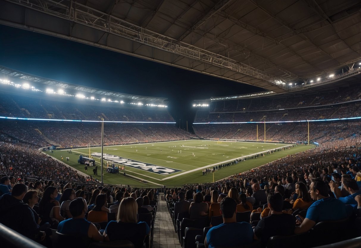 A sports stadium filled with fans, giant screens displaying viral content, and logos of partnership brands