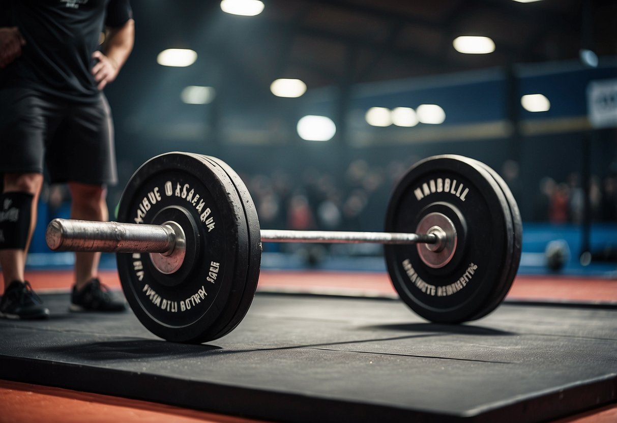 A barbell loaded with weights sits on a platform, surrounded by chalk dust and athletes preparing for competition. The stage is set for the para powerlifting categories