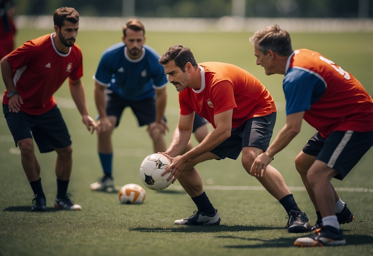Blind football players practice passing and dribbling with their coaches on a tactile pitch, using verbal cues and sound to navigate