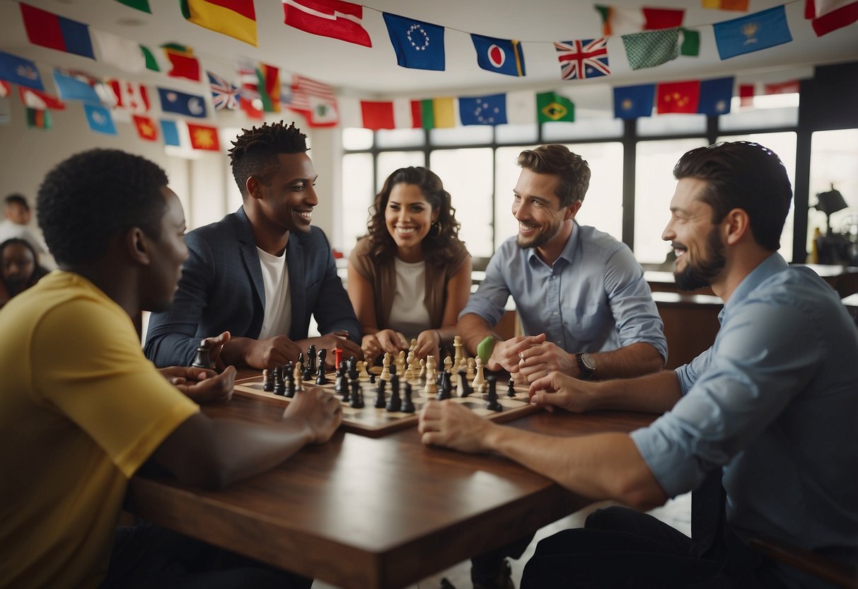 A diverse group of people from around the world engage in sports-related discussions and negotiations, surrounded by flags and symbols representing different countries