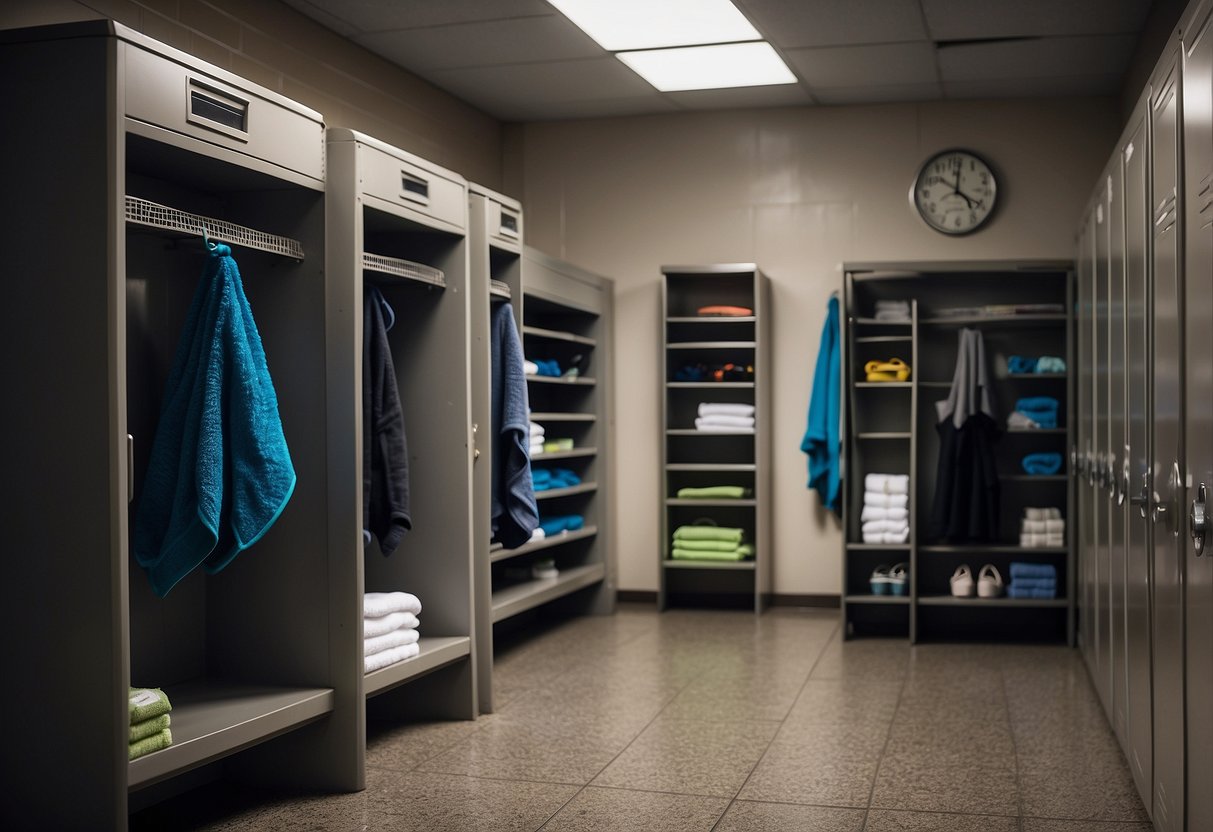 In a locker room, towels hang neatly, shoes are placed on shelves, and bottles of disinfectant are visible near the showers