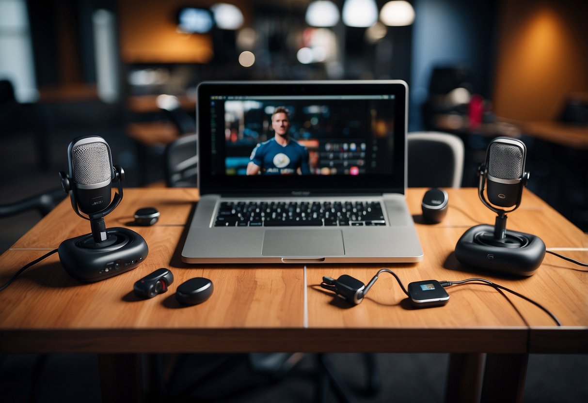A table with microphones, headphones, and recording equipment set up for a sports podcast. Posters of famous athletes adorn the walls, creating an atmosphere of engagement and growth