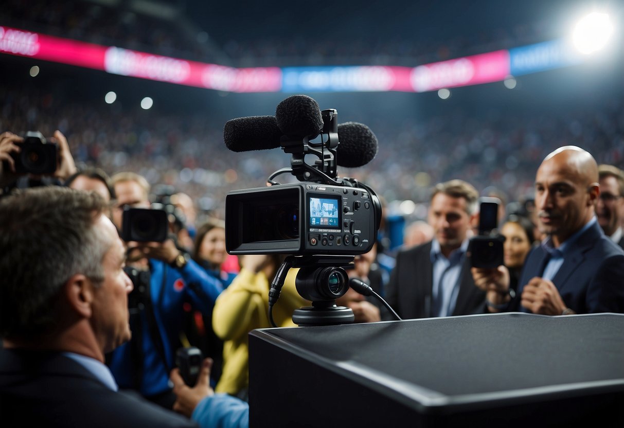 A podium with microphones, cameras, and logos. Athlete giving interviews, surrounded by media