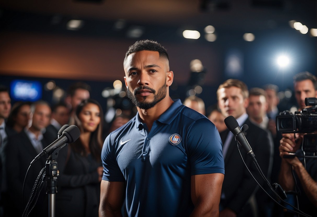 A professional athlete stands confidently in front of a media backdrop, microphone in hand, while cameras and reporters surround them