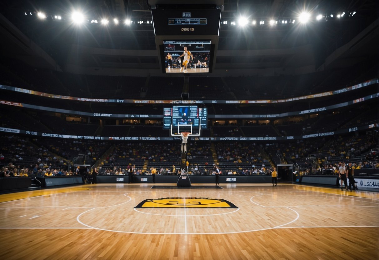 A computer screen displays a basketball court with players' statistics and visualizations. Graphs and charts show shooting percentages and player movement