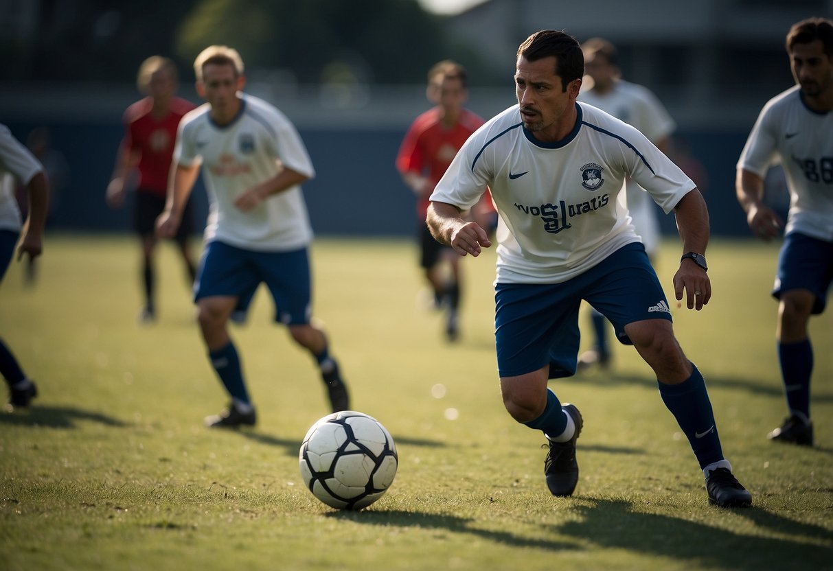 A group of blind football players from different countries demonstrate advanced techniques on a field, showcasing the international impact and growth of the sport