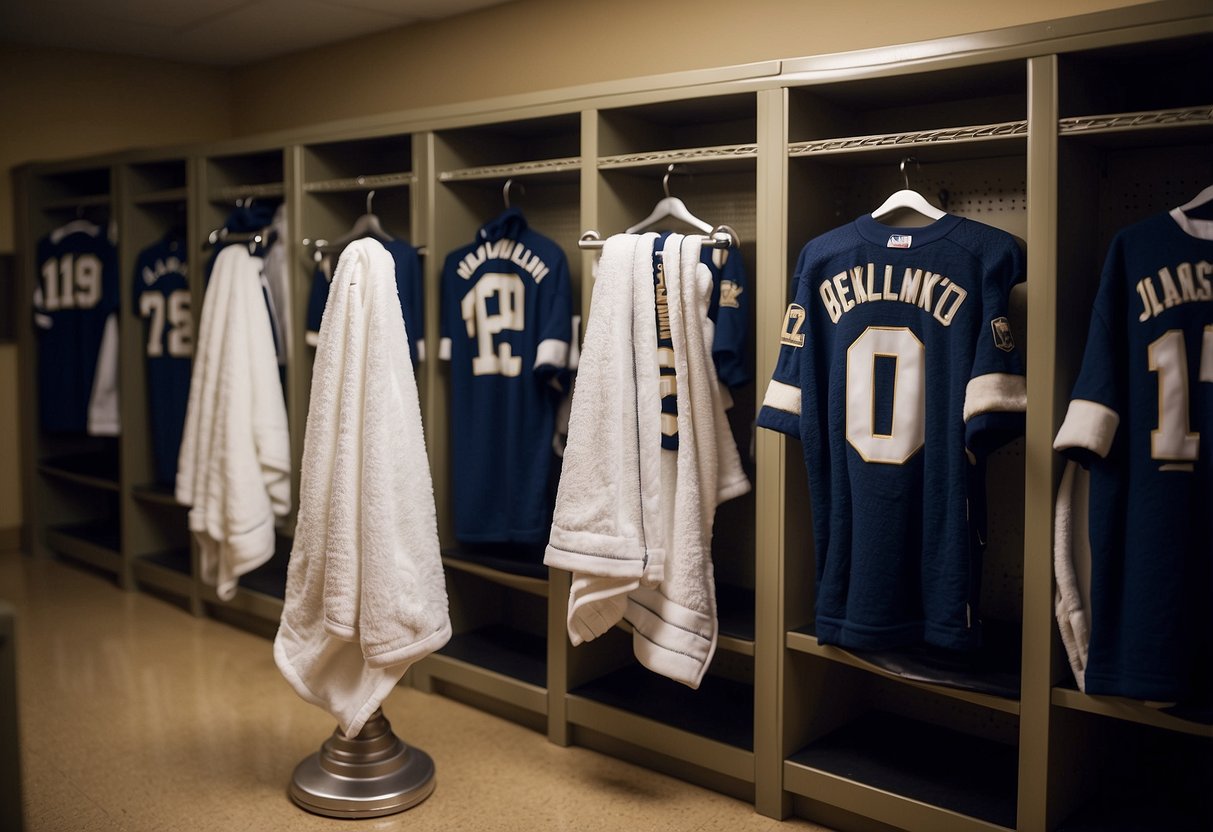 Players neatly hanging towels, exchanging friendly nods, and keeping conversations at a respectful volume in the locker room