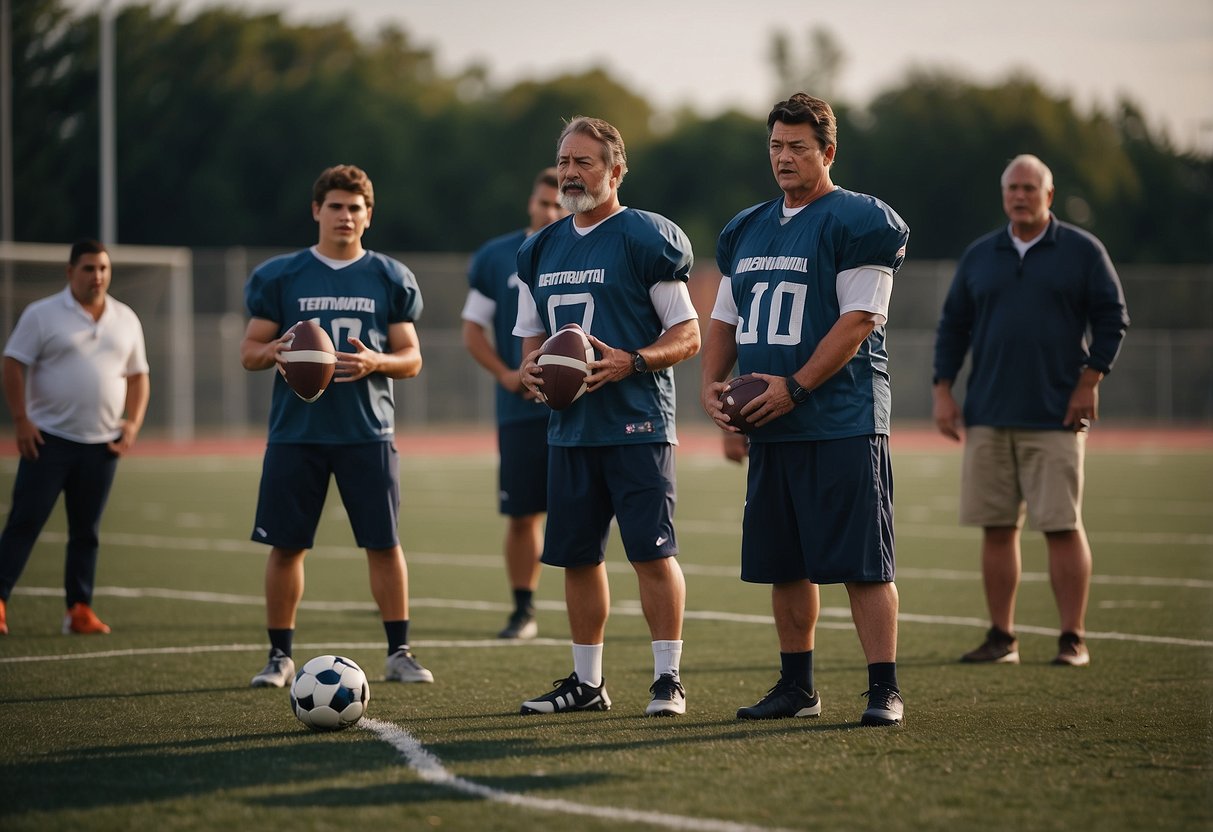 Blind football players practice techniques on the field, guided by sound and touch. A coach observes, offering feedback and guidance