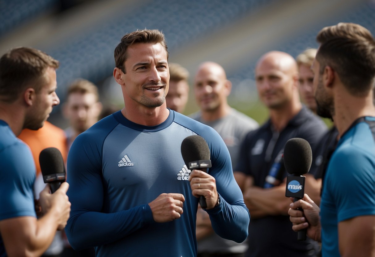 An athlete confidently speaking to a group of reporters, using hand gestures and maintaining eye contact during media training