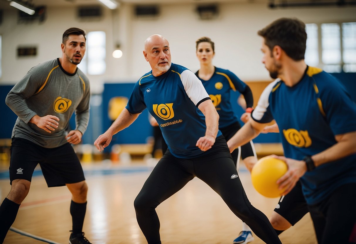Goalball players practicing blocking and throwing techniques in a gym with coaches offering tips and guidance