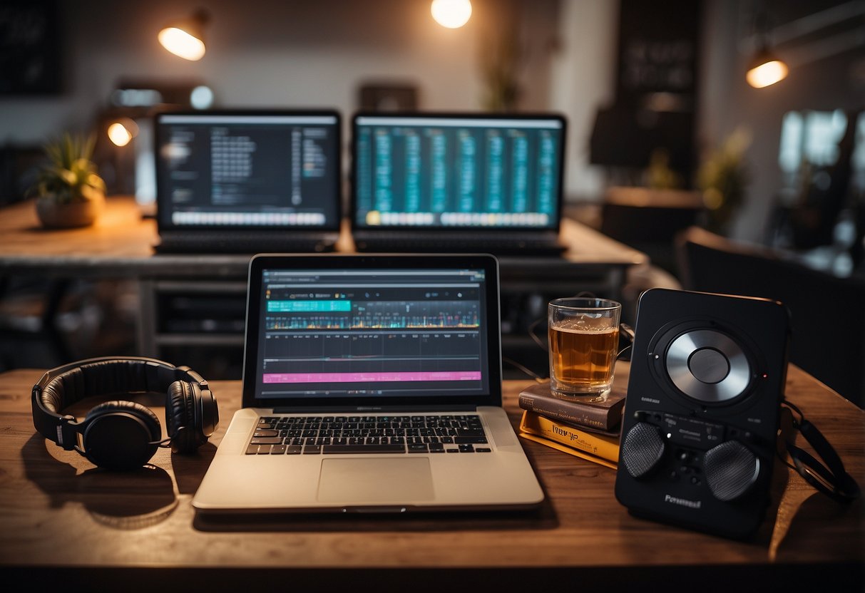 A table with a laptop, headphones, and various music genres on display. A checklist of music selection tips is pinned on the wall