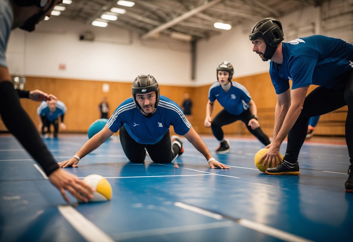 Players diving, blocking, and throwing in a goalball court, coach giving instructions