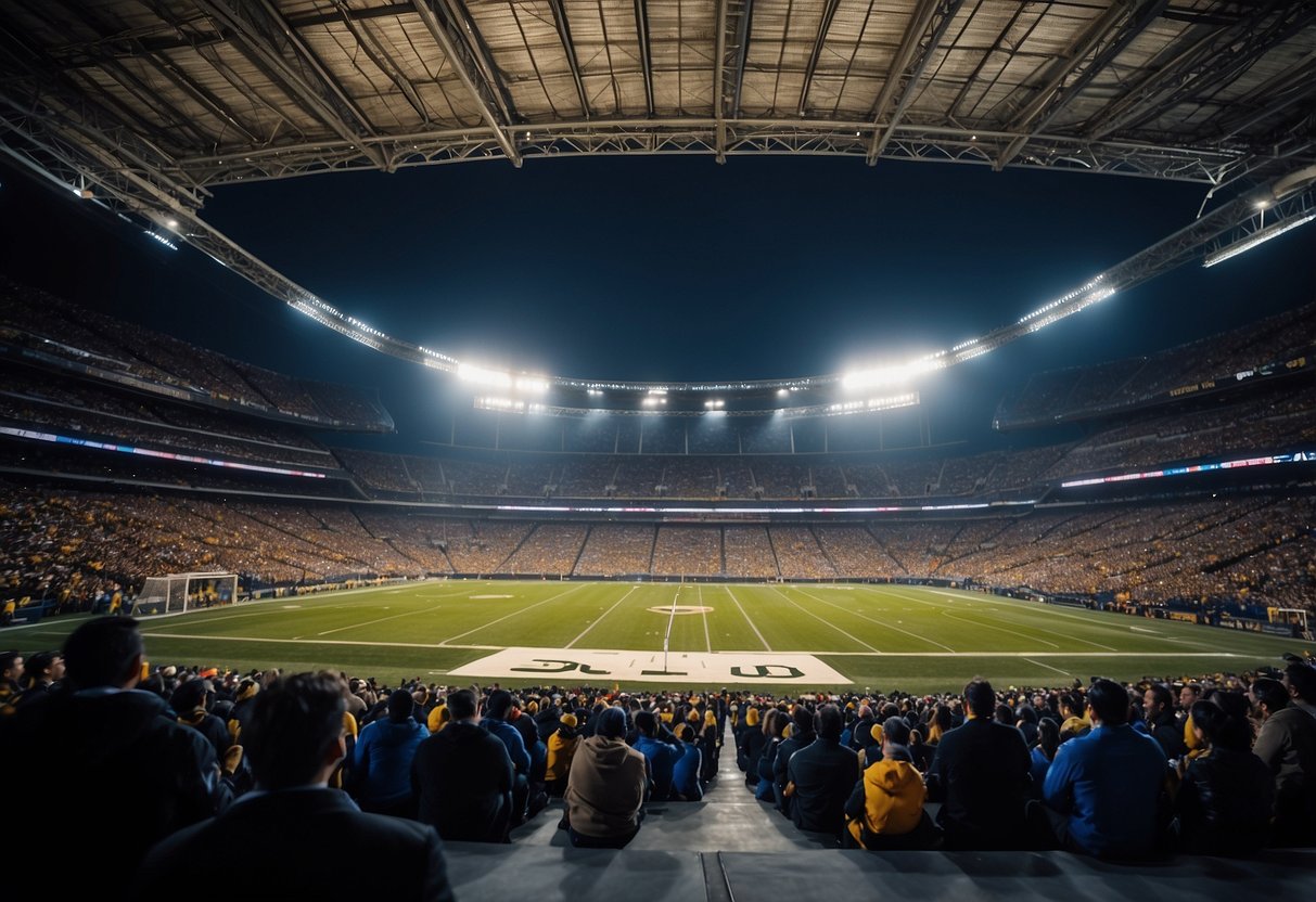 A stadium filled with diverse sports teams, logos, and fans, showcasing the global reach of strategic management in sports business