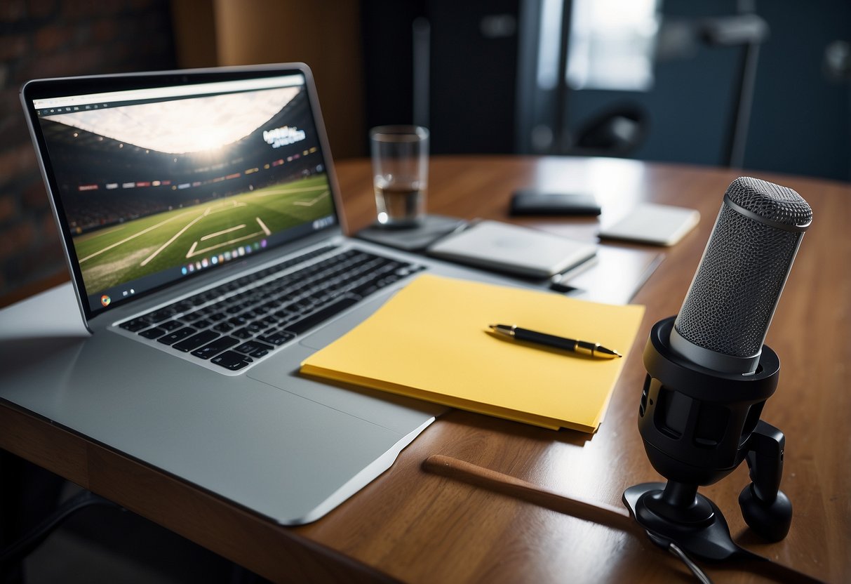 A table with a laptop, microphone, and notepad. Sports equipment and logos on the wall. Post-it notes with topic ideas