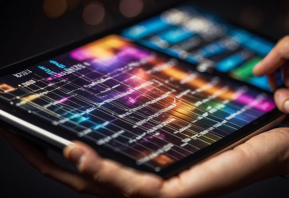 A hand reaches for a colorful music selection guide, with various genres and artists listed, set against a backdrop of musical notes and instruments