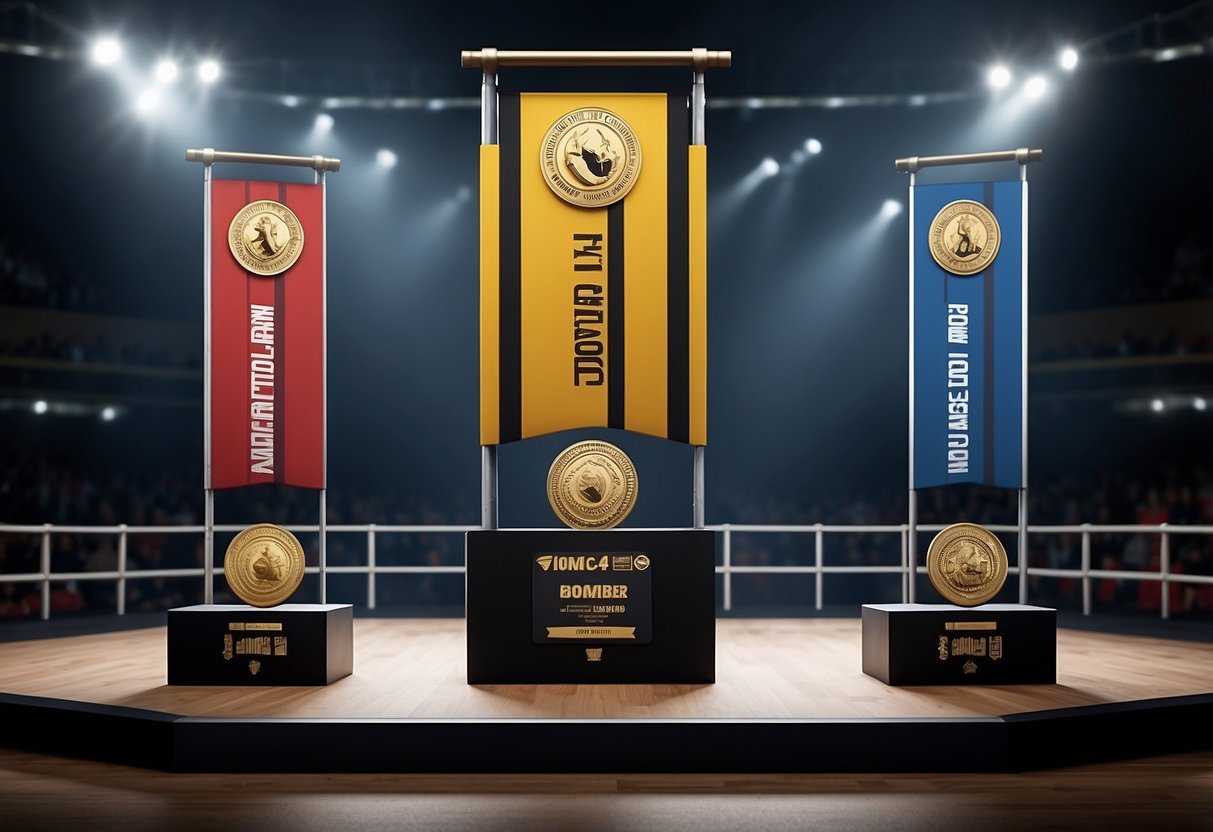A podium with three levels, each displaying symbols of powerlifting categories. Banners and flags surround the area, celebrating major competitions and milestones