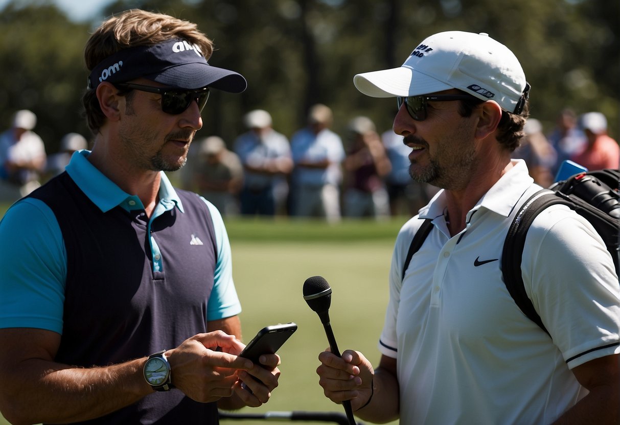 A golf journalist interviews players, writes articles, and reports on tournaments, using digital devices and traditional notepads