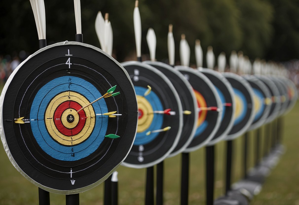 Archery targets lined up, arrows flying, crowd cheering