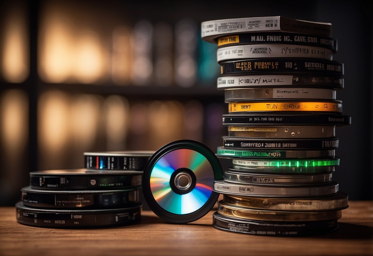 A spotlight shines on a stack of music CDs with a "Frequently Asked Questions" guide next to them, emphasizing the importance of music selection