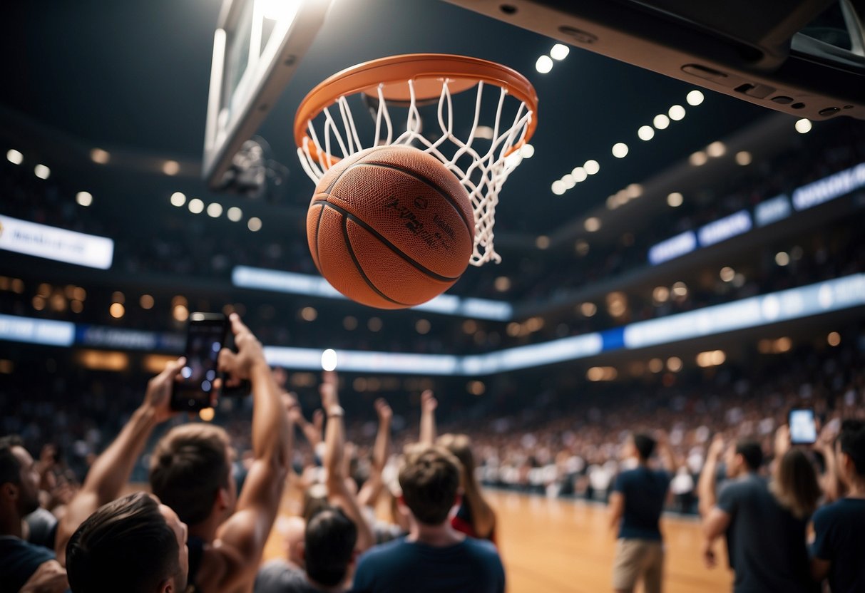 A basketball flying through a hoop, as a crowd cheers in the background. A smartphone with a viral sports video on the screen
