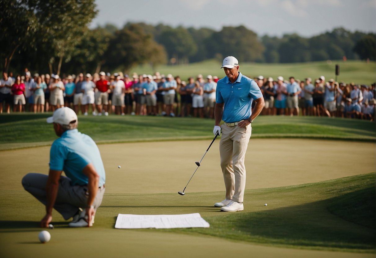 A golf course with players in action, surrounded by spectators and reporters jotting down notes
