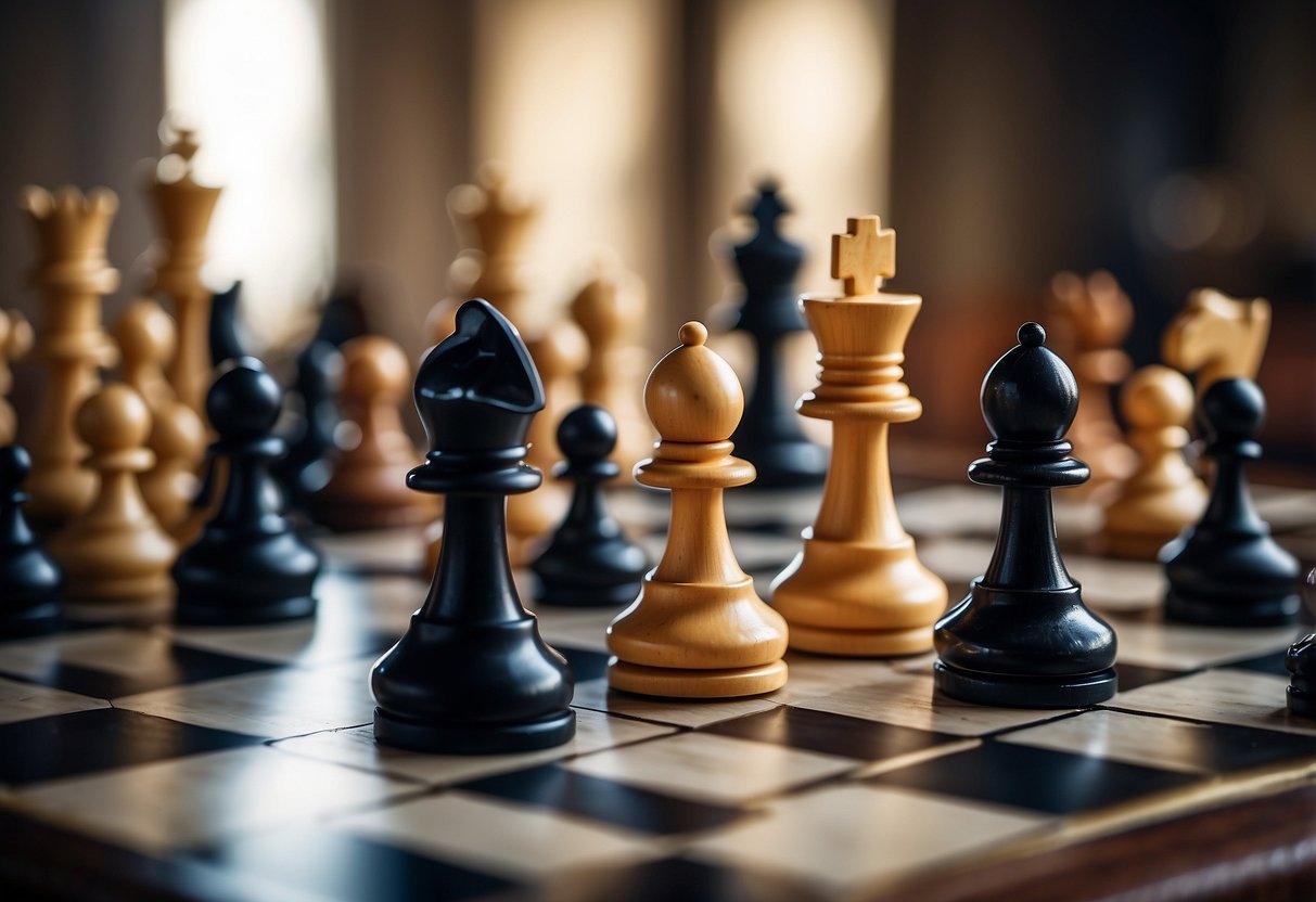 A chessboard with pieces in mid-move, surrounded by intense focus and anticipation
