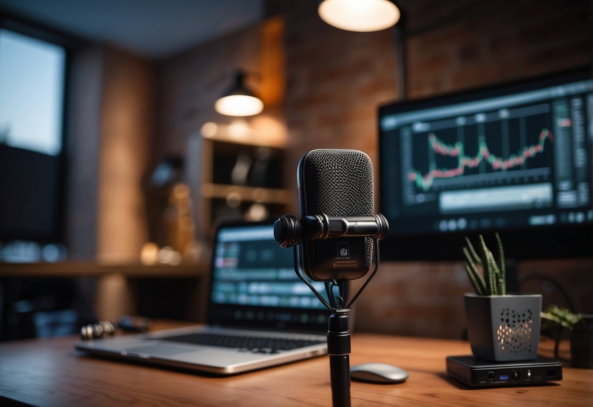 A microphone stands on a desk surrounded by headphones, soundproofing foam, and a laptop displaying sports statistics. An armchair and table complete the podcast recording environment