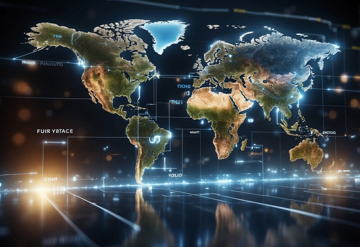 A world map with highlighted regions and futuristic sports technology icons, indicating global focus and future insights