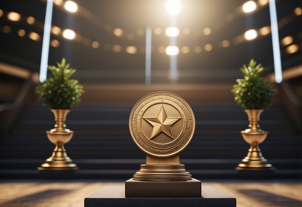 A podium with three levels, each displaying the first, second, and third place medals. A set of clear and concise rules displayed prominently nearby