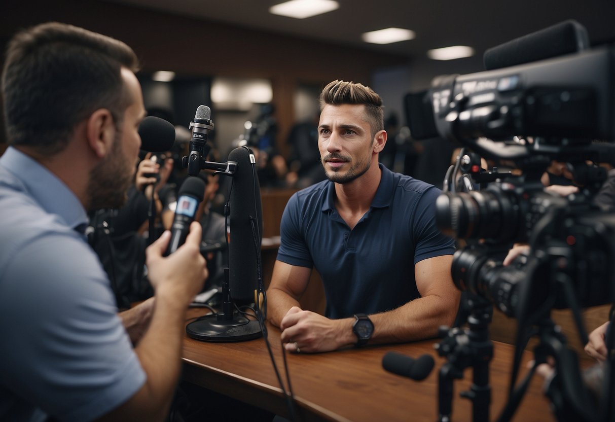 An athlete confidently speaks into a microphone, surrounded by media equipment and trainers. They exude professionalism and poise as they engage with the media