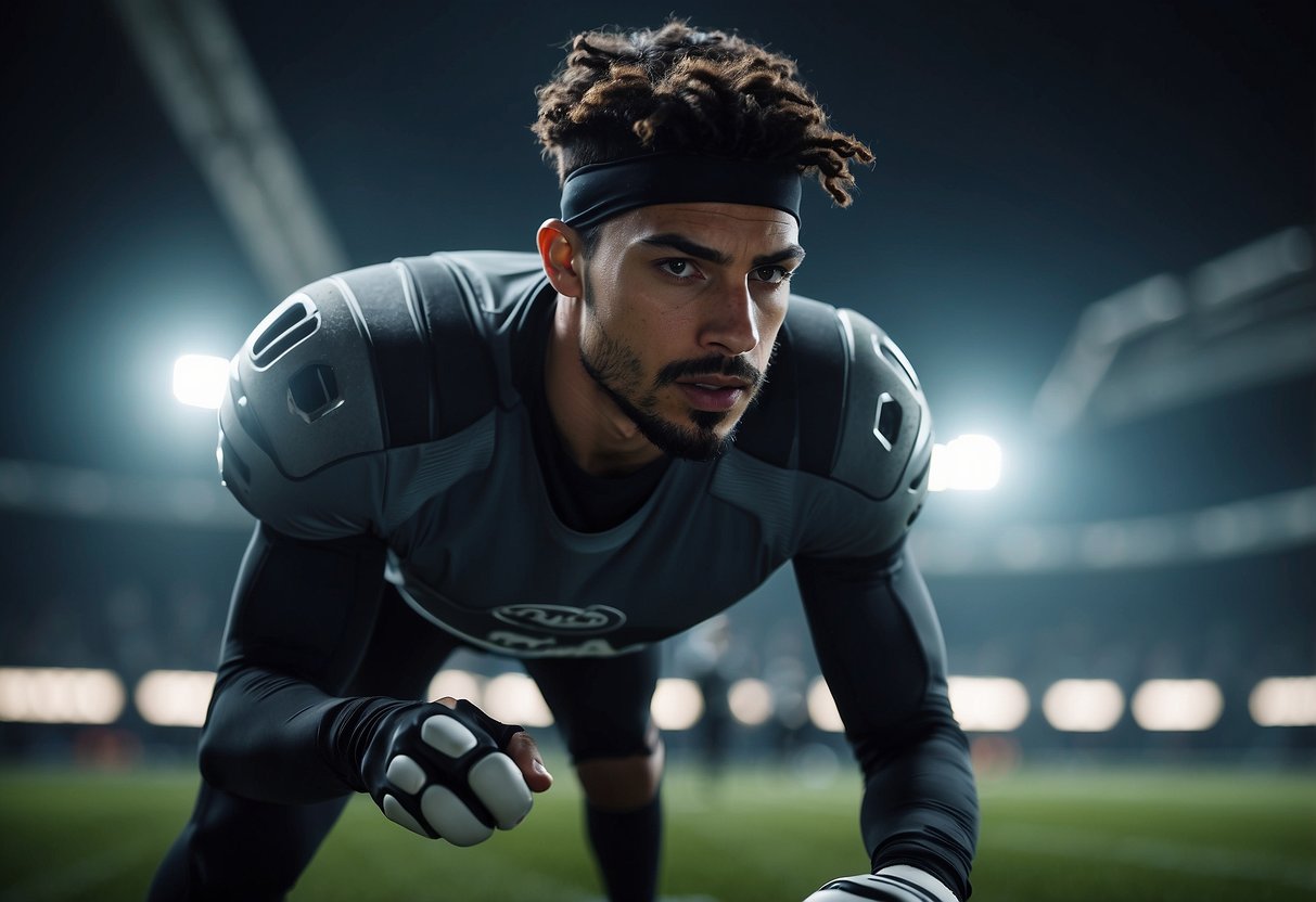 Athletes using advanced sports tech, like smart wearables and VR training, on a futuristic field
