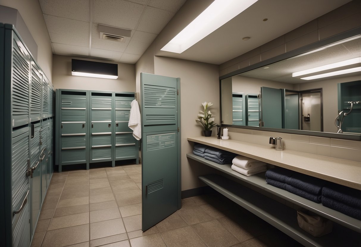 The locker room is clean and well-organized with neatly hung towels and toiletries. The etiquette signs are prominently displayed, reminding users to be respectful and tidy