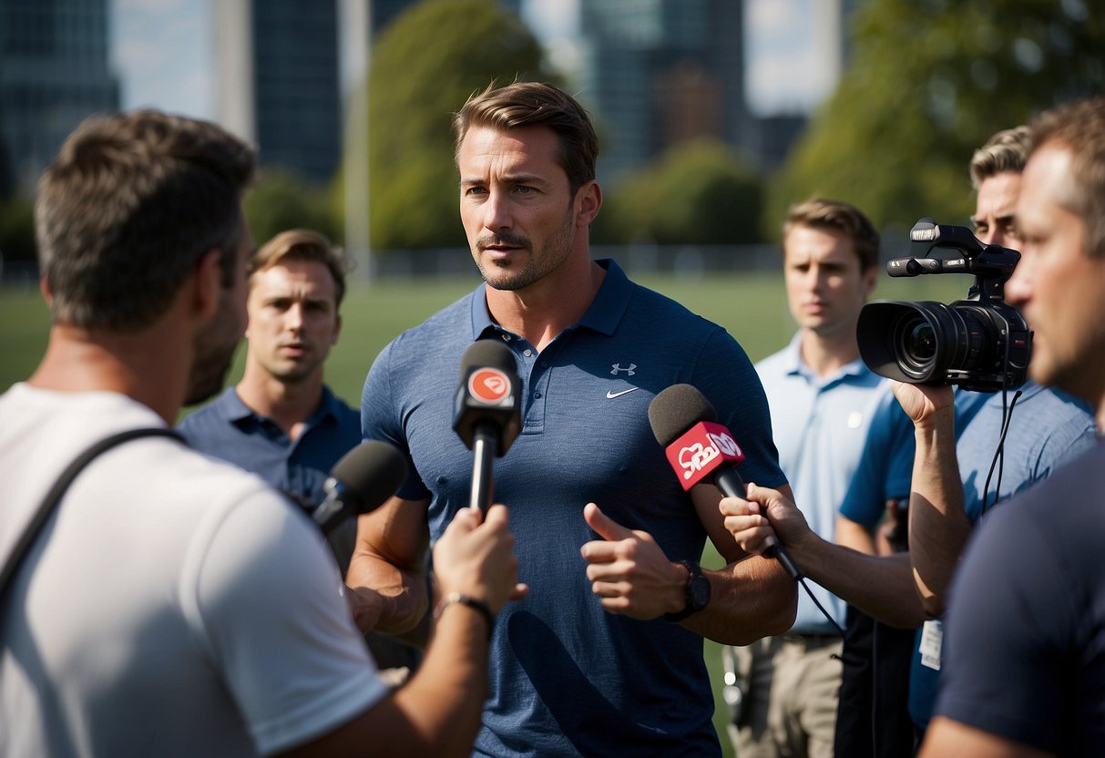 A professional athlete stands in front of a group of reporters, practicing interview techniques. Cameras and microphones surround the athlete, who is focused and confident