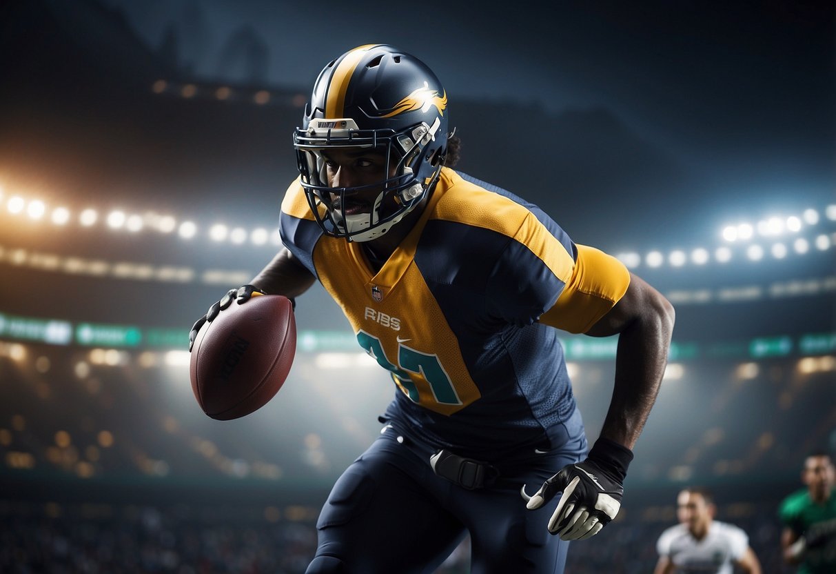 Athletes in action, stats displayed on screens, data flowing through digital interfaces