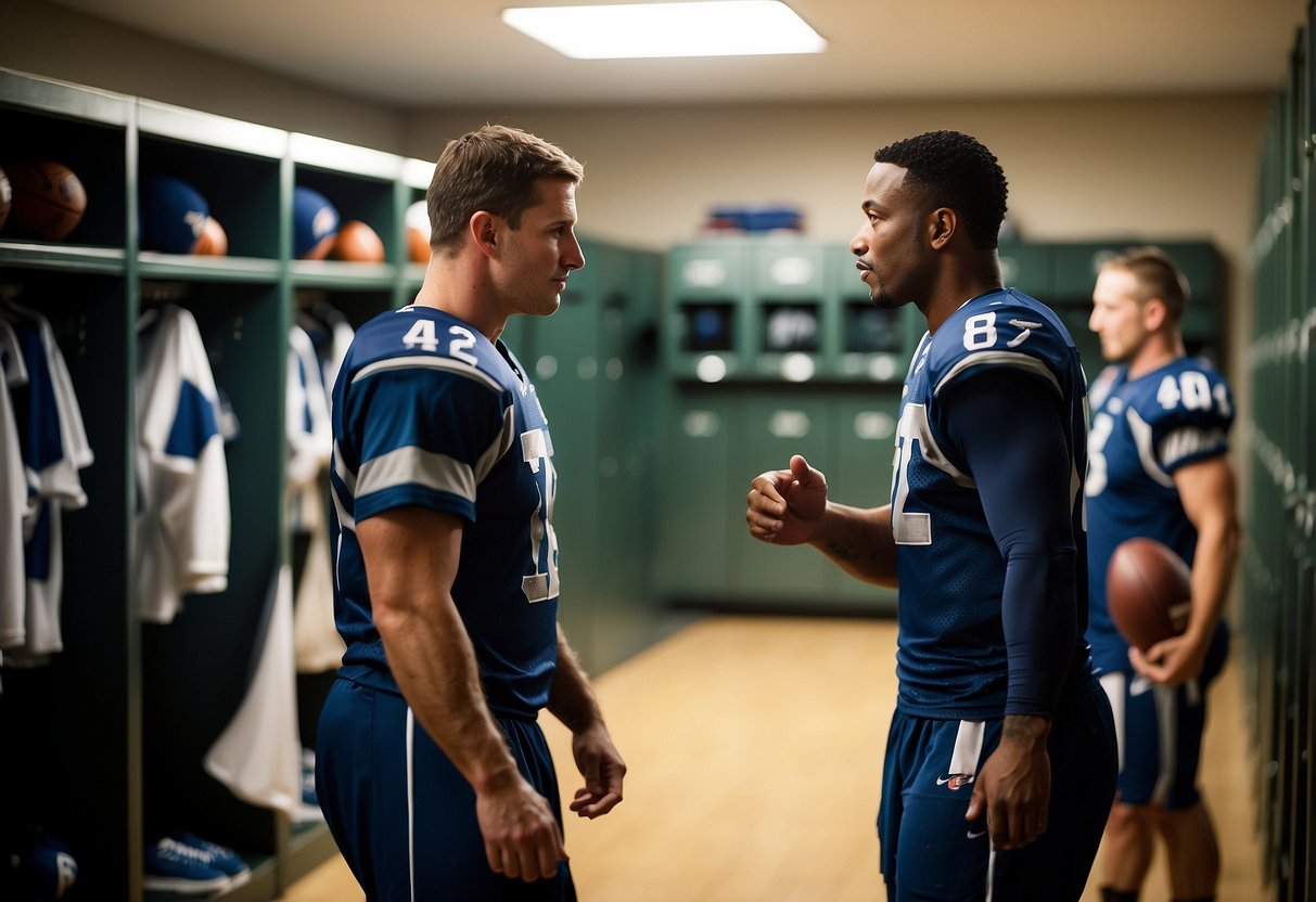 Players chatting, high-fiving, and changing clothes in a spacious, well-lit locker room