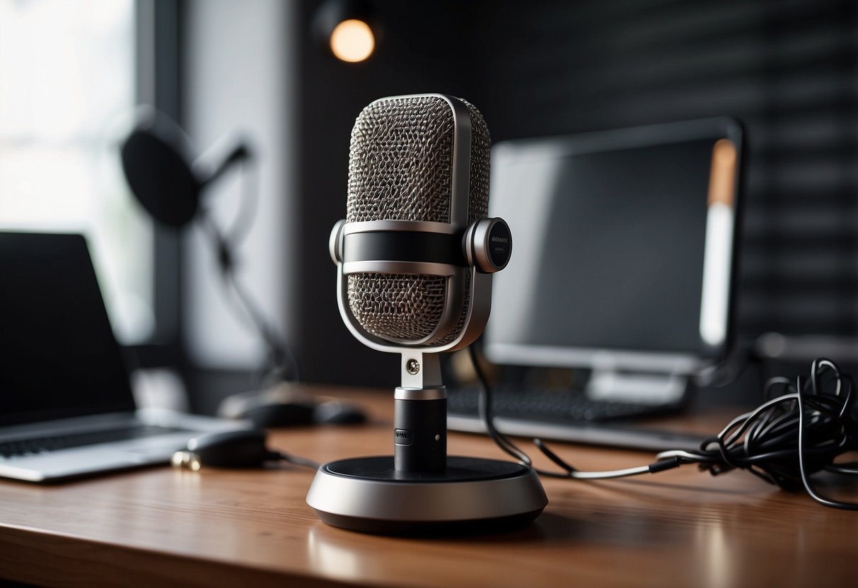 A microphone stands on a desk surrounded by headphones, a laptop, and soundproofing panels