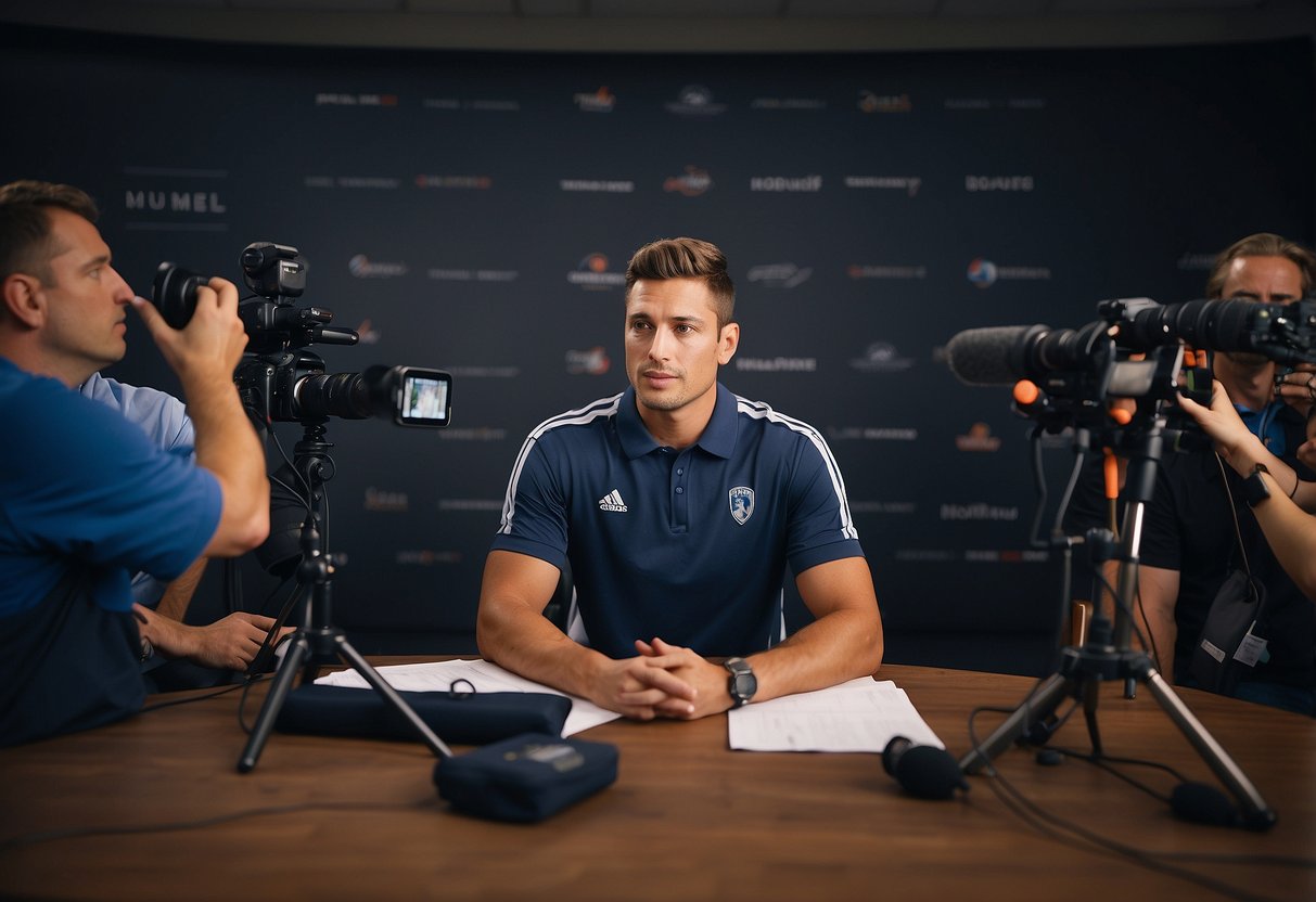 An athlete sits in front of a microphone, surrounded by cameras and reporters. They are practicing speaking confidently and articulately