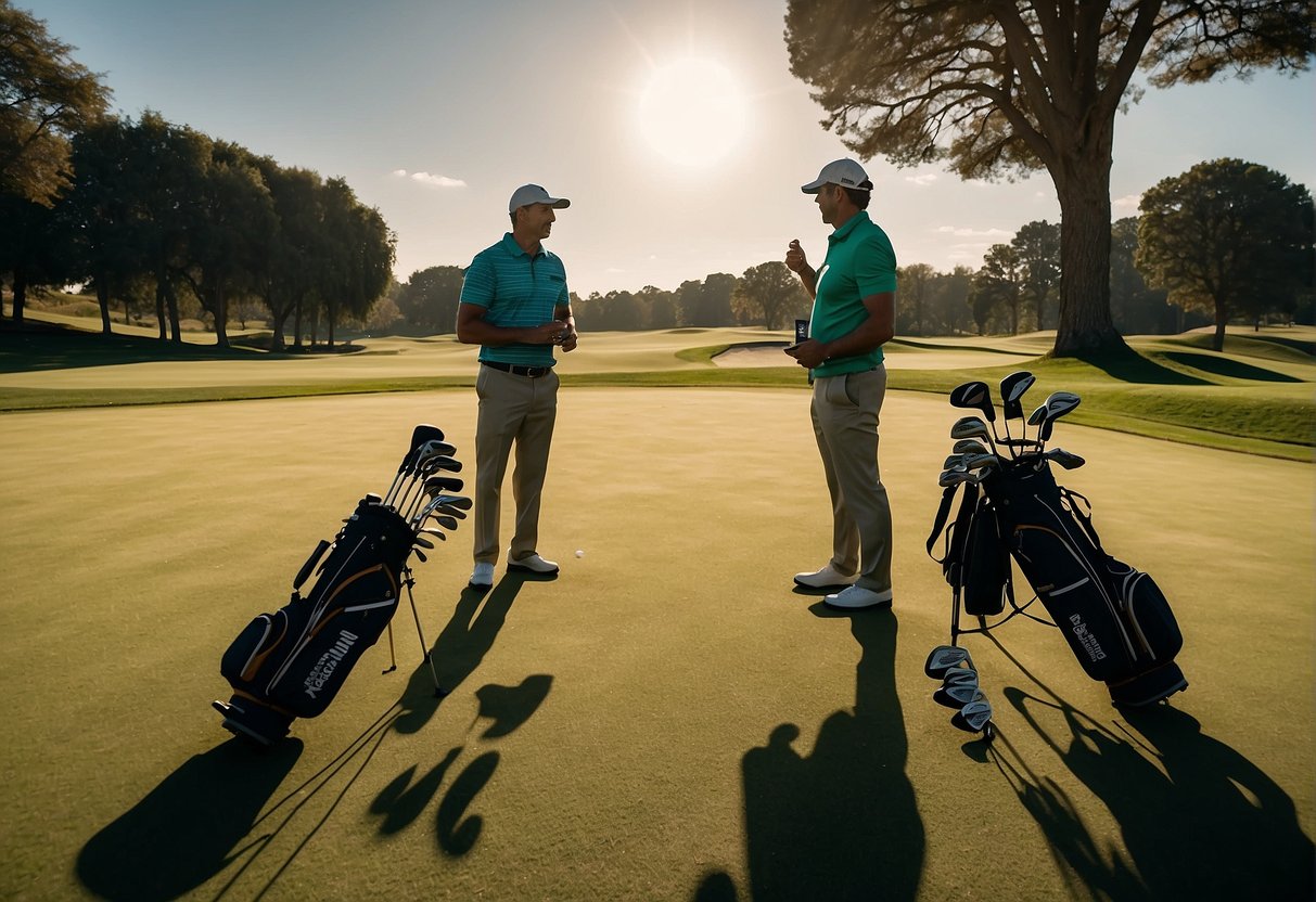A journalist interviews a golfer on the green, surrounded by golf clubs and equipment. The sun casts long shadows across the manicured course