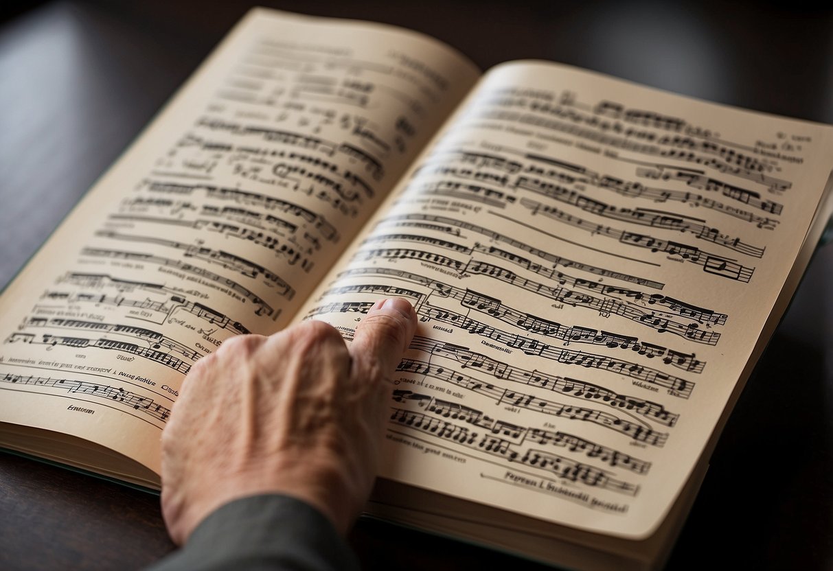 A hand holding a music selection guide, with legal documents in the background
