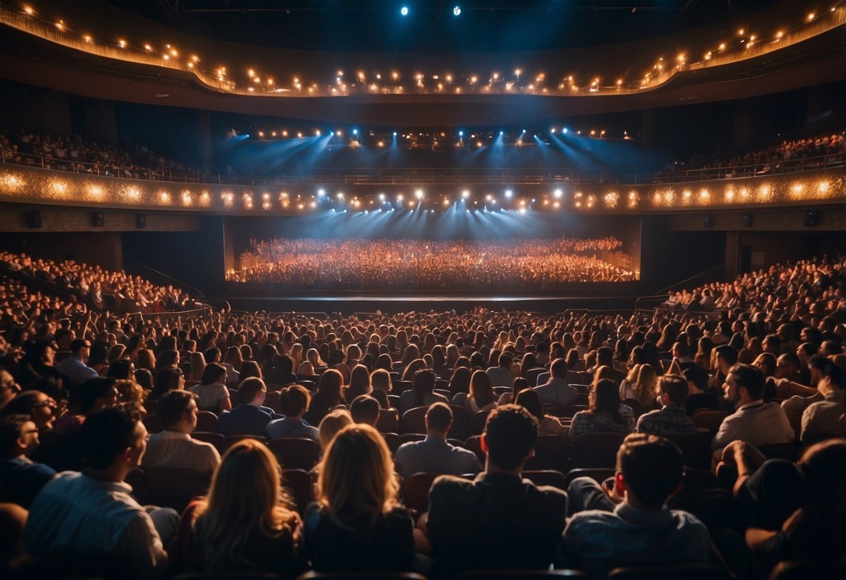 A crowded theater, with a stage bathed in colorful lights, showcasing a dynamic performance. The audience is captivated, their expressions reflecting a range of emotions