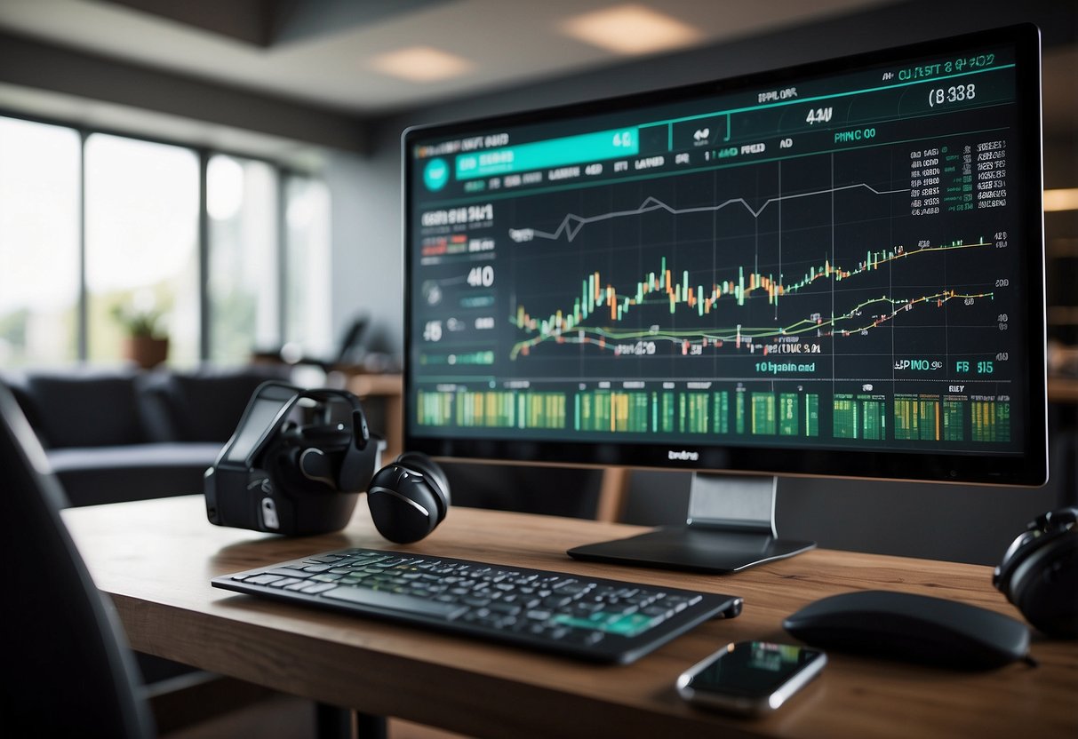 A computer screen displaying live sports data feeds with various charts and graphs, while a smartphone shows real-time updates from sports data APIs